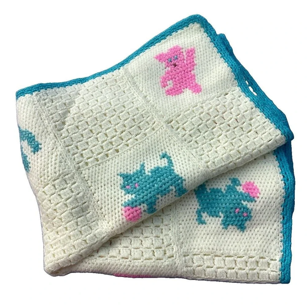Vintage Crochet Baby Blanket Afghan Throw White Blocks Squares Animals Handmade